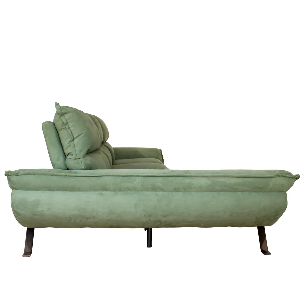 Divano angolare Chicago 304x170 cm con chaise longue, schienali traslanti, rivestimento vellutato e piedini in metallo nero. Eleganza e comfort moderni.