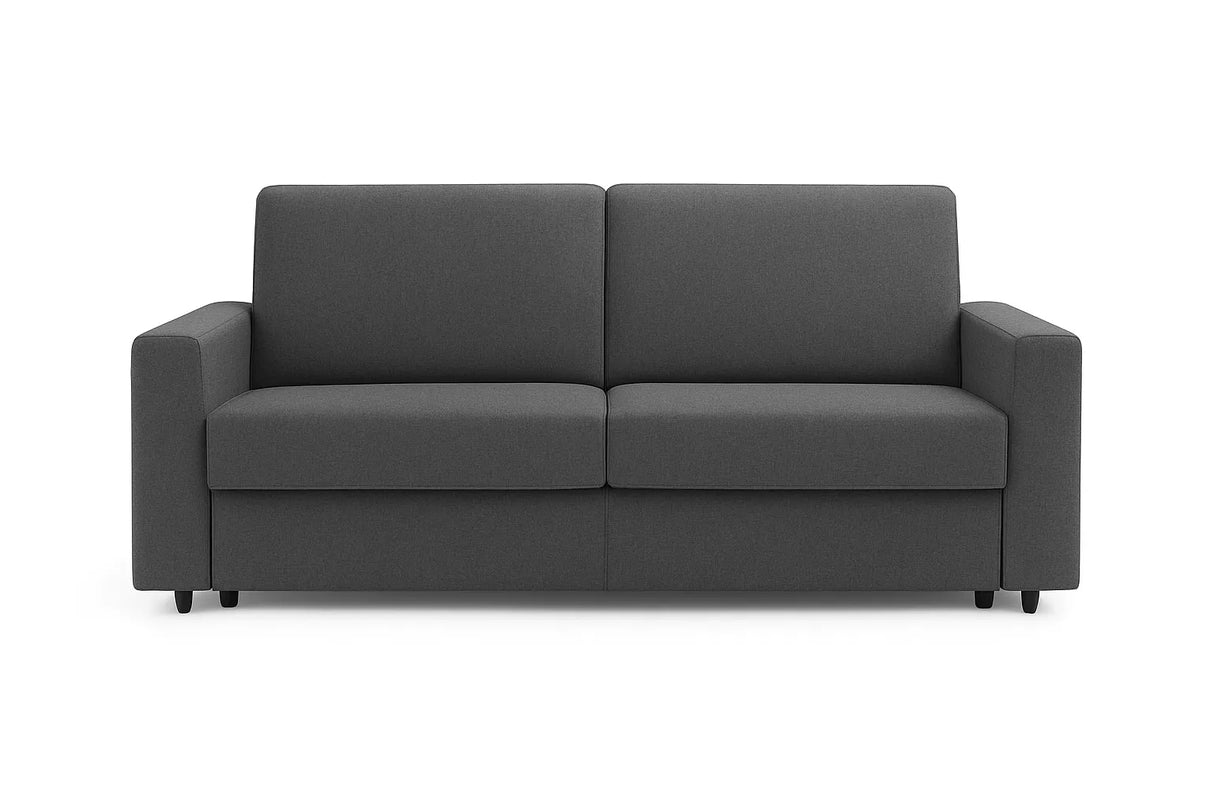 Divano letto 3 posti in tessuto con rete elettrosaldata, apertura a ribalta, maniglia estraibile e vano porta cuscini integrato.