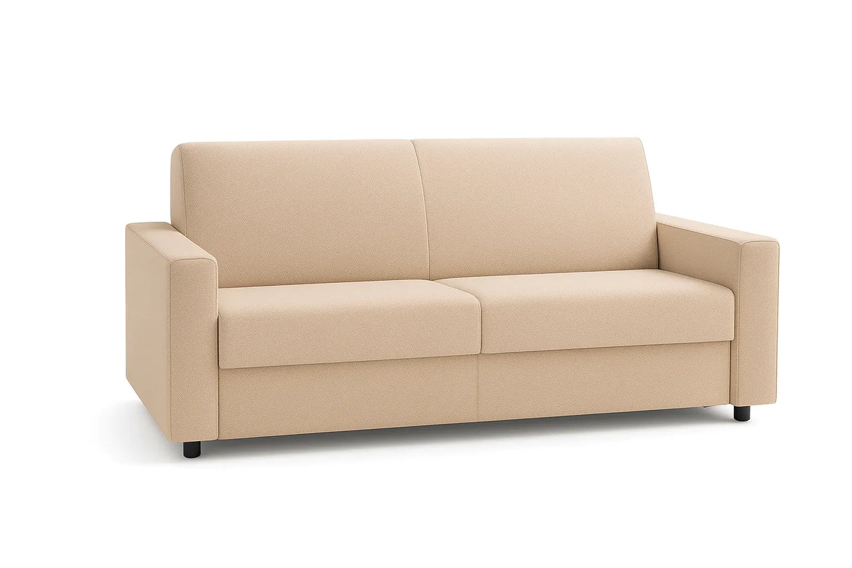 Divano letto 3 posti in tessuto con rete elettrosaldata, apertura a ribalta, maniglia estraibile e vano porta cuscini integrato.