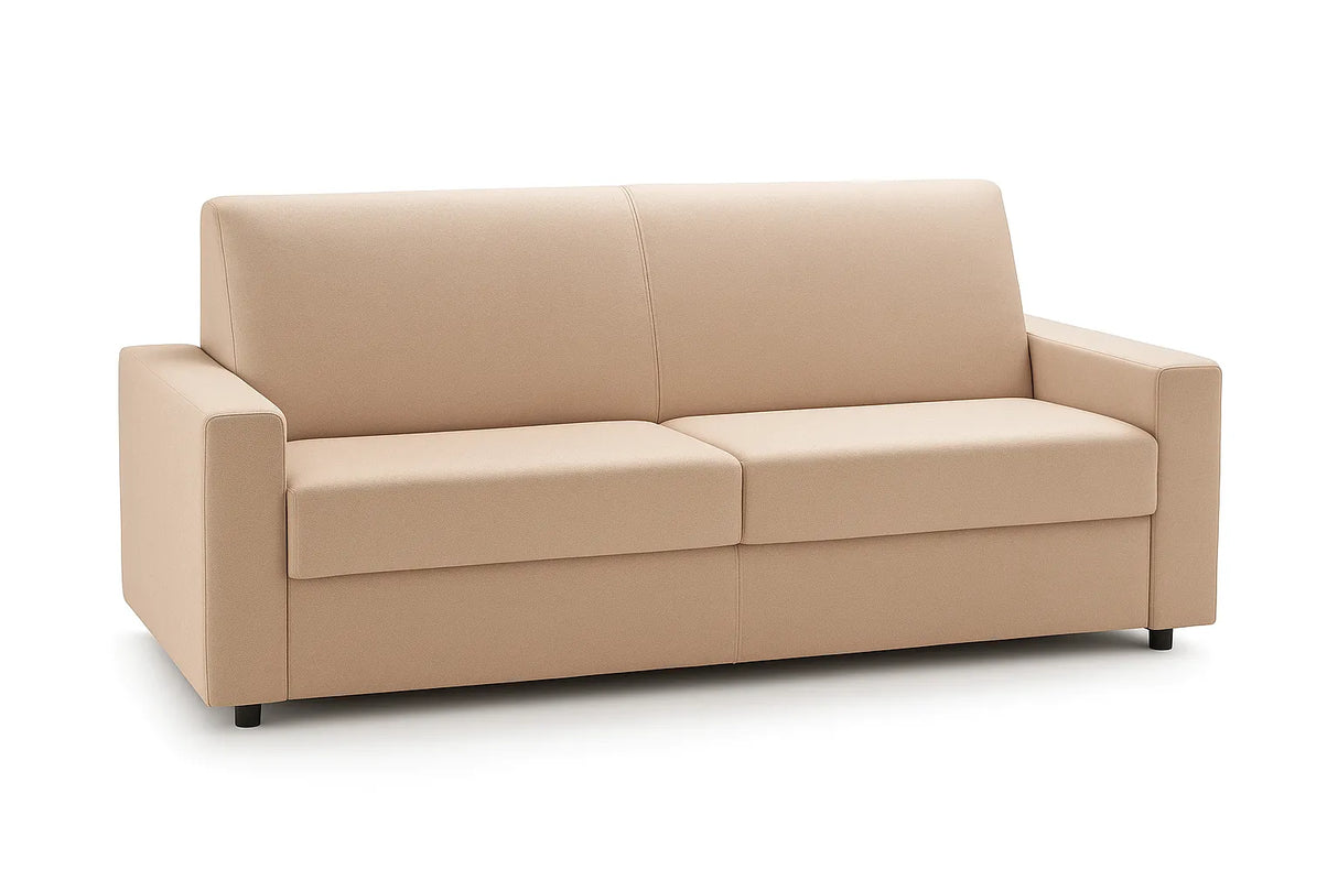 Divano letto 3 posti in tessuto con rete elettrosaldata, apertura a ribalta, maniglia estraibile e vano porta cuscini integrato.