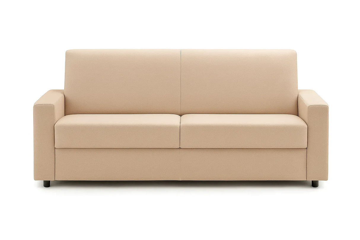 Divano letto 3 posti in tessuto con rete elettrosaldata, apertura a ribalta, maniglia estraibile e vano porta cuscini integrato.