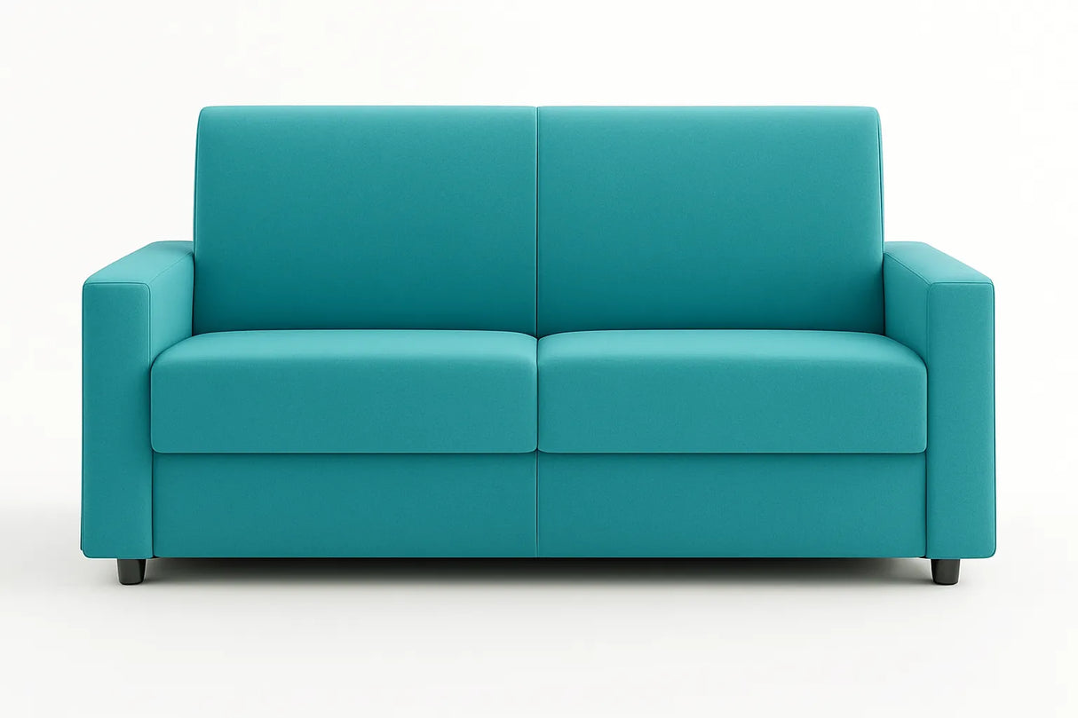 Divano letto 3 posti in tessuto con rete elettrosaldata, apertura a ribalta, maniglia estraibile e vano porta cuscini integrato.