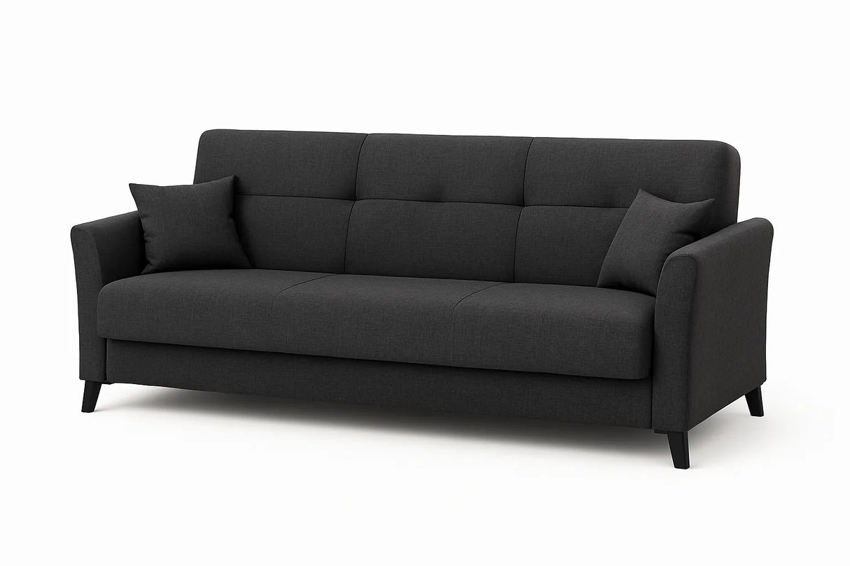 Divano letto clic clac in tessuto tortora con piedini neri e funzione letto