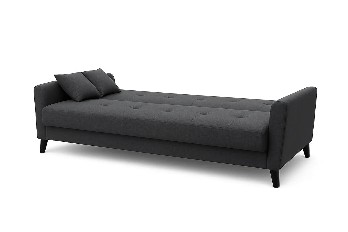 Divano letto clic clac in tessuto tortora con piedini neri e funzione letto