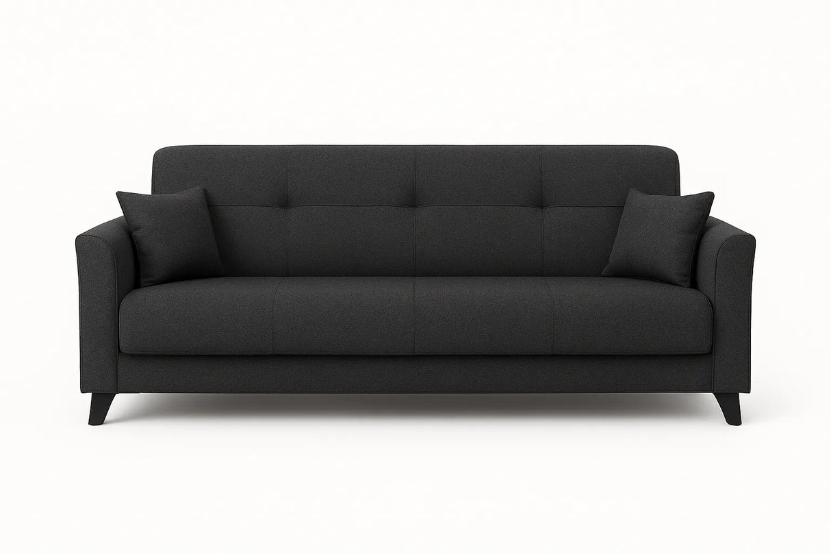 Divano letto clic clac in tessuto tortora con piedini neri e funzione letto