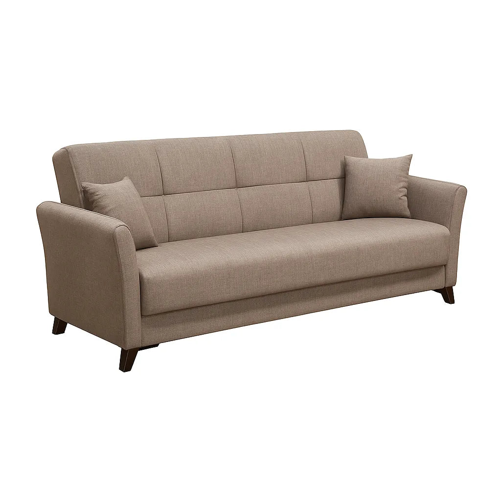 Divano letto clic clac in tessuto tortora con piedini neri e funzione letto