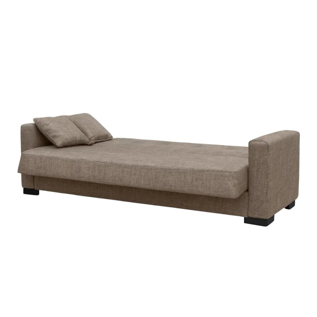 Divano letto clic clac in tessuto tortora con piedini neri e funzione letto