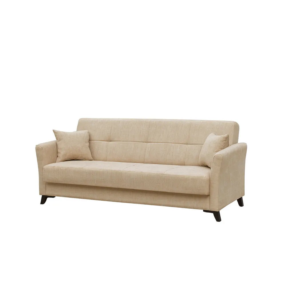 Divano letto clic clac in tessuto tortora con piedini neri e funzione letto