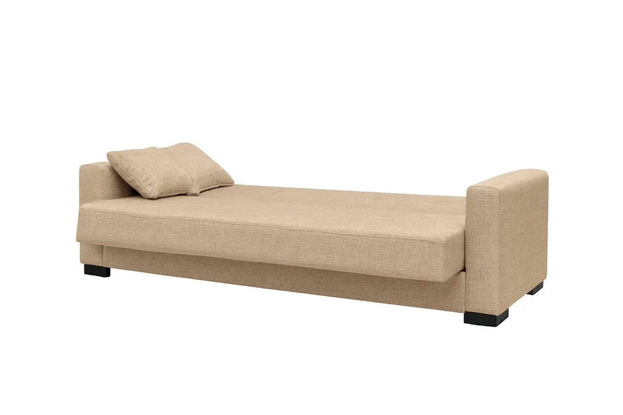 Divano letto clic clac in tessuto tortora con piedini neri e funzione letto