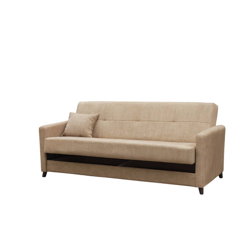 Divano letto clic clac in tessuto tortora con piedini neri e funzione letto