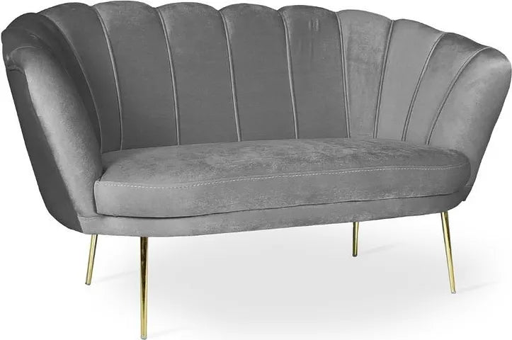 Divano due posti Orel in velluto grigio con struttura a conchiglia e piedi in ferro