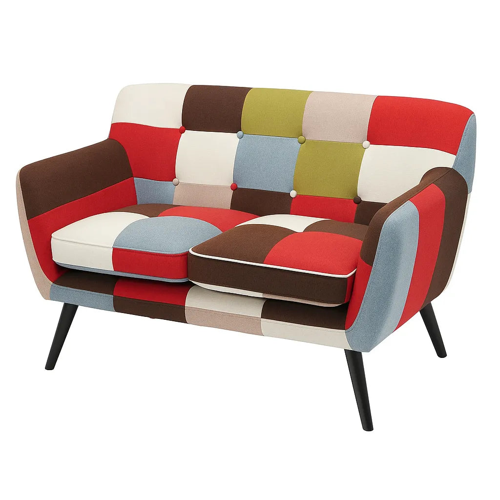 Divano Patchwork 2 posti colorato con fantasia multicolore e gambe in legno nero