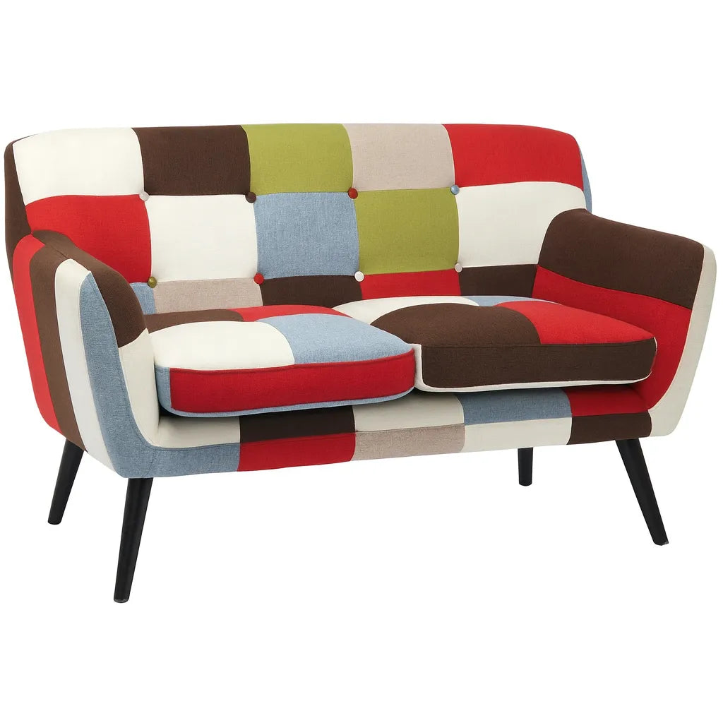 Divano Patchwork 2 posti colorato con fantasia multicolore e gambe in legno nero