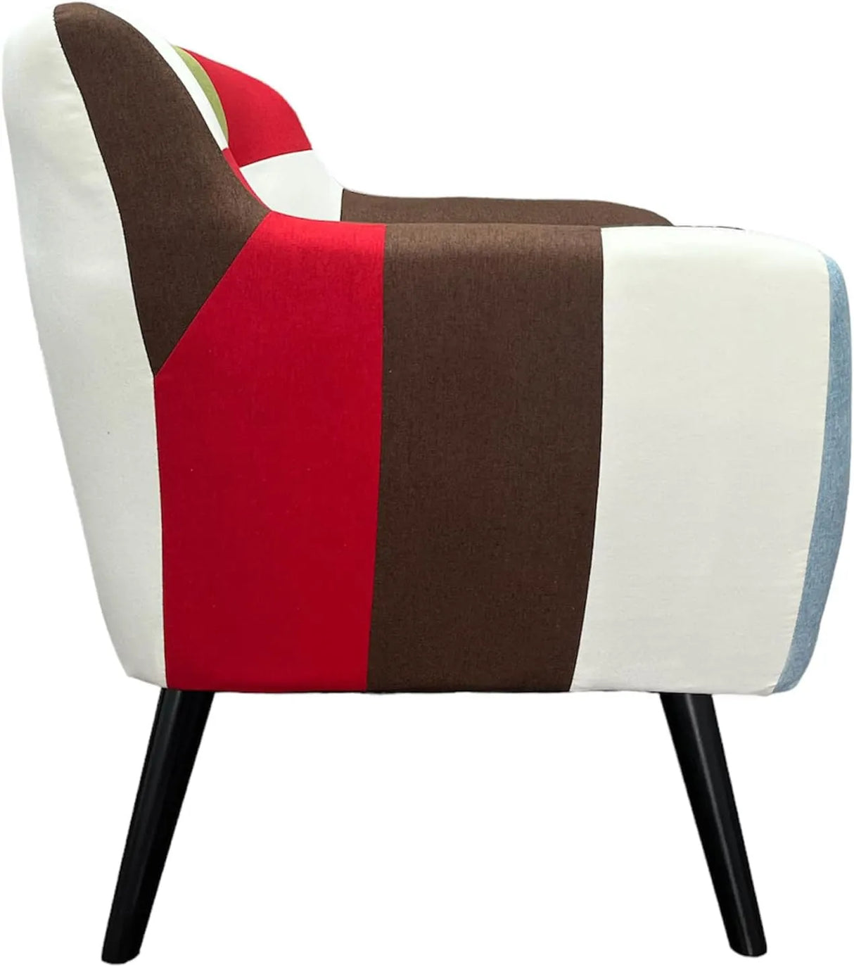 Divano Patchwork 3 posti in tessuto colorato con cuscini sfoderabili, braccioli imbottiti e stile boho vintage. Ideale per ambienti creativi e moderni.