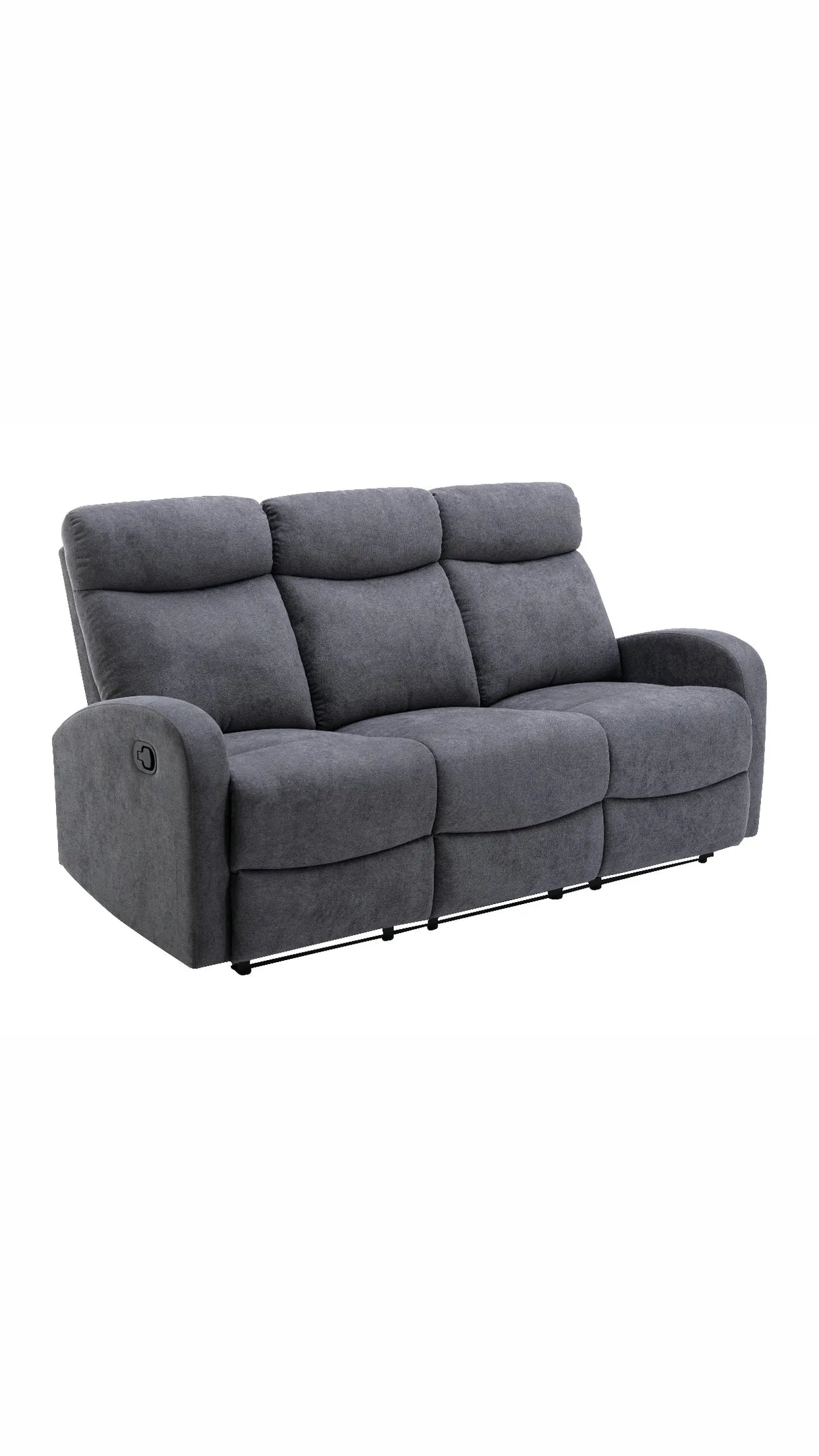 Divano poltrona 3 posti RECLINER in tessuto effetto velluto con schienali reclinabili indipendenti, poggiapiedi integrati e sistema a scivolo. Design elegante e comfort totale.