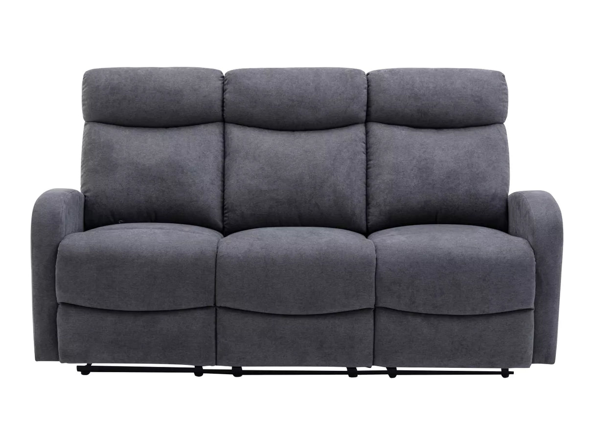 Divano poltrona 3 posti RECLINER in tessuto effetto velluto con schienali reclinabili indipendenti, poggiapiedi integrati e sistema a scivolo. Design elegante e comfort totale.