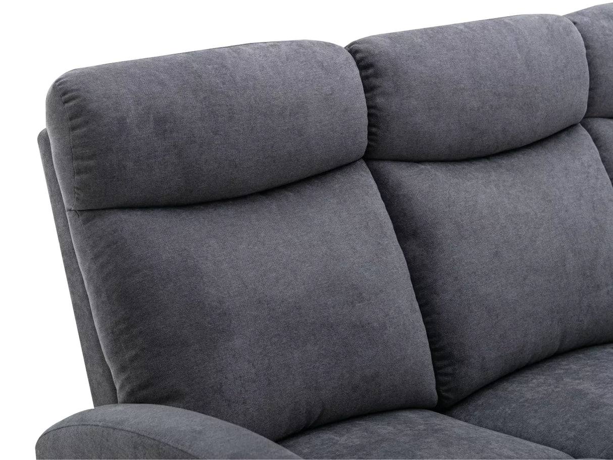 Divano poltrona 3 posti RECLINER in tessuto effetto velluto con schienali reclinabili indipendenti, poggiapiedi integrati e sistema a scivolo. Design elegante e comfort totale.