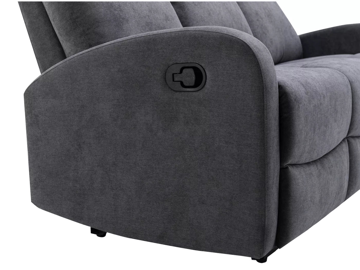 Divano poltrona 3 posti RECLINER in tessuto effetto velluto con schienali reclinabili indipendenti, poggiapiedi integrati e sistema a scivolo. Design elegante e comfort totale.