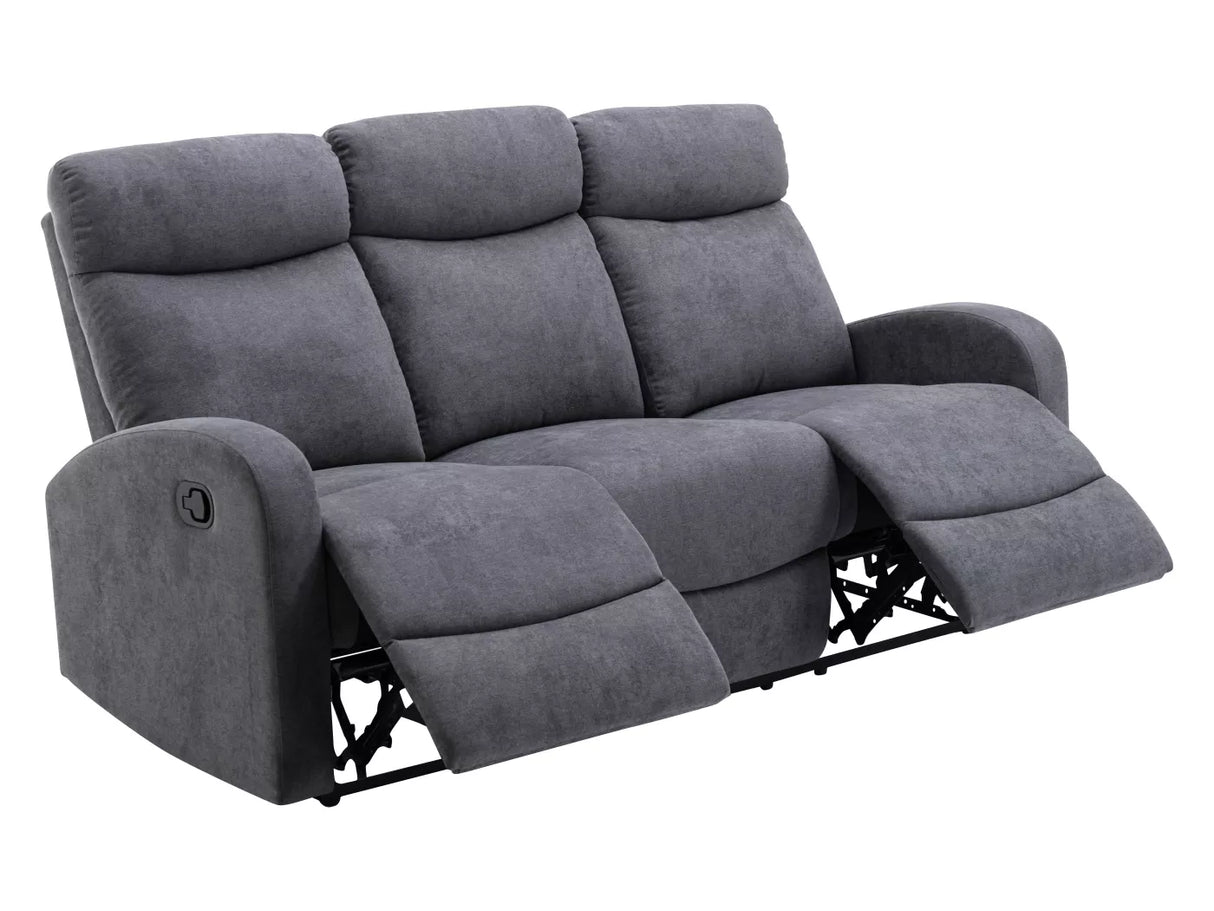 Divano poltrona 3 posti RECLINER in tessuto effetto velluto con schienali reclinabili indipendenti, poggiapiedi integrati e sistema a scivolo. Design elegante e comfort totale.