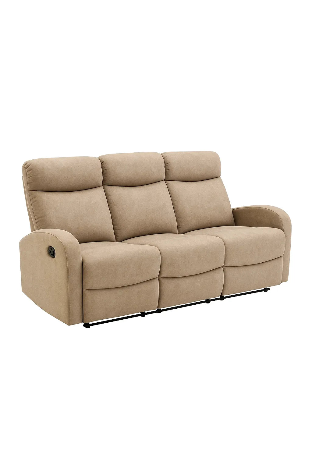 Divano poltrona 3 posti RECLINER in tessuto effetto velluto con schienali reclinabili indipendenti, poggiapiedi integrati e sistema a scivolo. Design elegante e comfort totale.