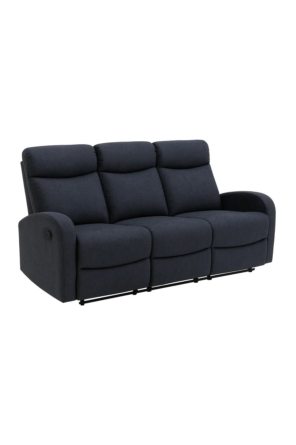 Divano poltrona 3 posti RECLINER in tessuto effetto velluto con schienali reclinabili indipendenti, poggiapiedi integrati e sistema a scivolo. Design elegante e comfort totale.