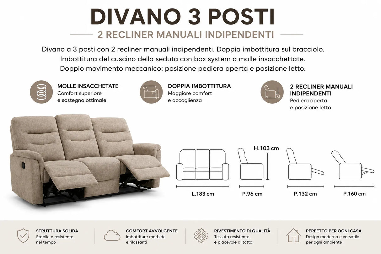 Divano Thiago relax 3 posti tortora o grigio con doppio recliner manuale