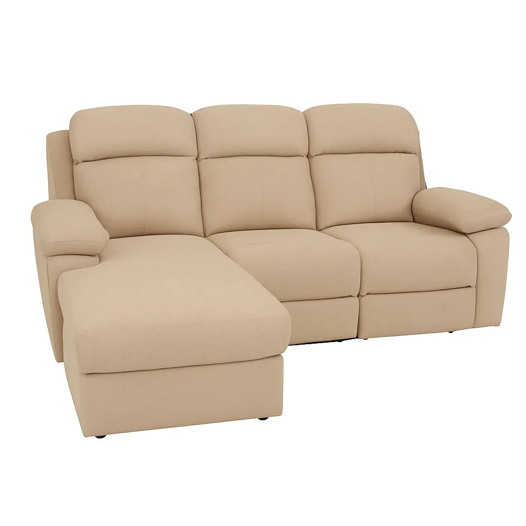 Divano Ulisse 3 posti con chaise longue destra, reclinabile, vano contenitore, disponibile in grigio o beige