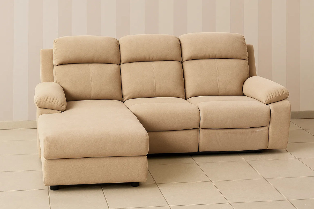 Divano Ulisse 3 posti con chaise longue destra, reclinabile, vano contenitore, disponibile in grigio o beige