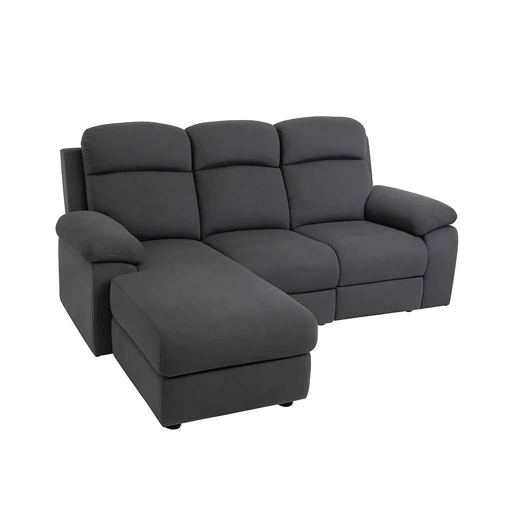 Divano Ulisse 3 posti con chaise longue destra, reclinabile, vano contenitore, disponibile in grigio o beige