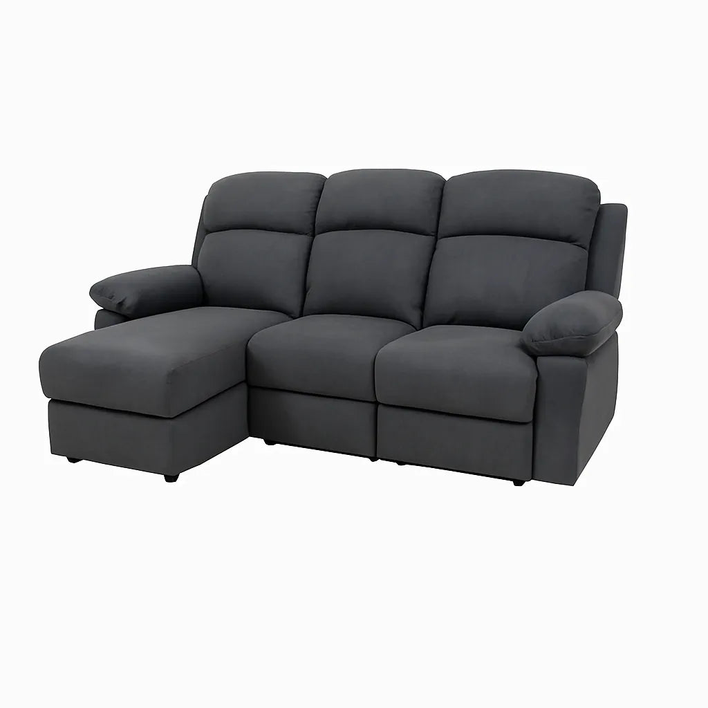 Divano Ulisse 3 posti con chaise longue destra, reclinabile, vano contenitore, disponibile in grigio o beige