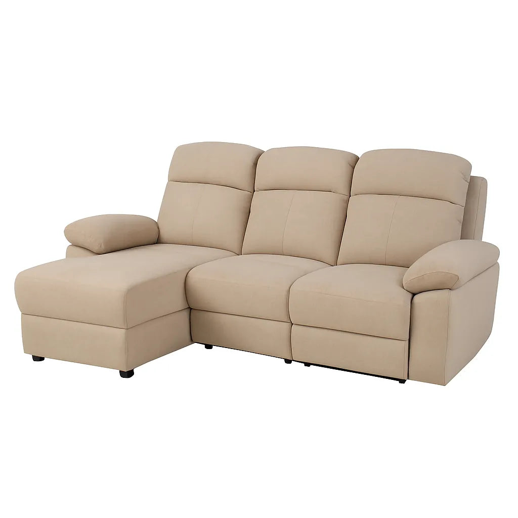 Divano Ulisse 3 posti con chaise longue destra, reclinabile, vano contenitore, disponibile in grigio o beige