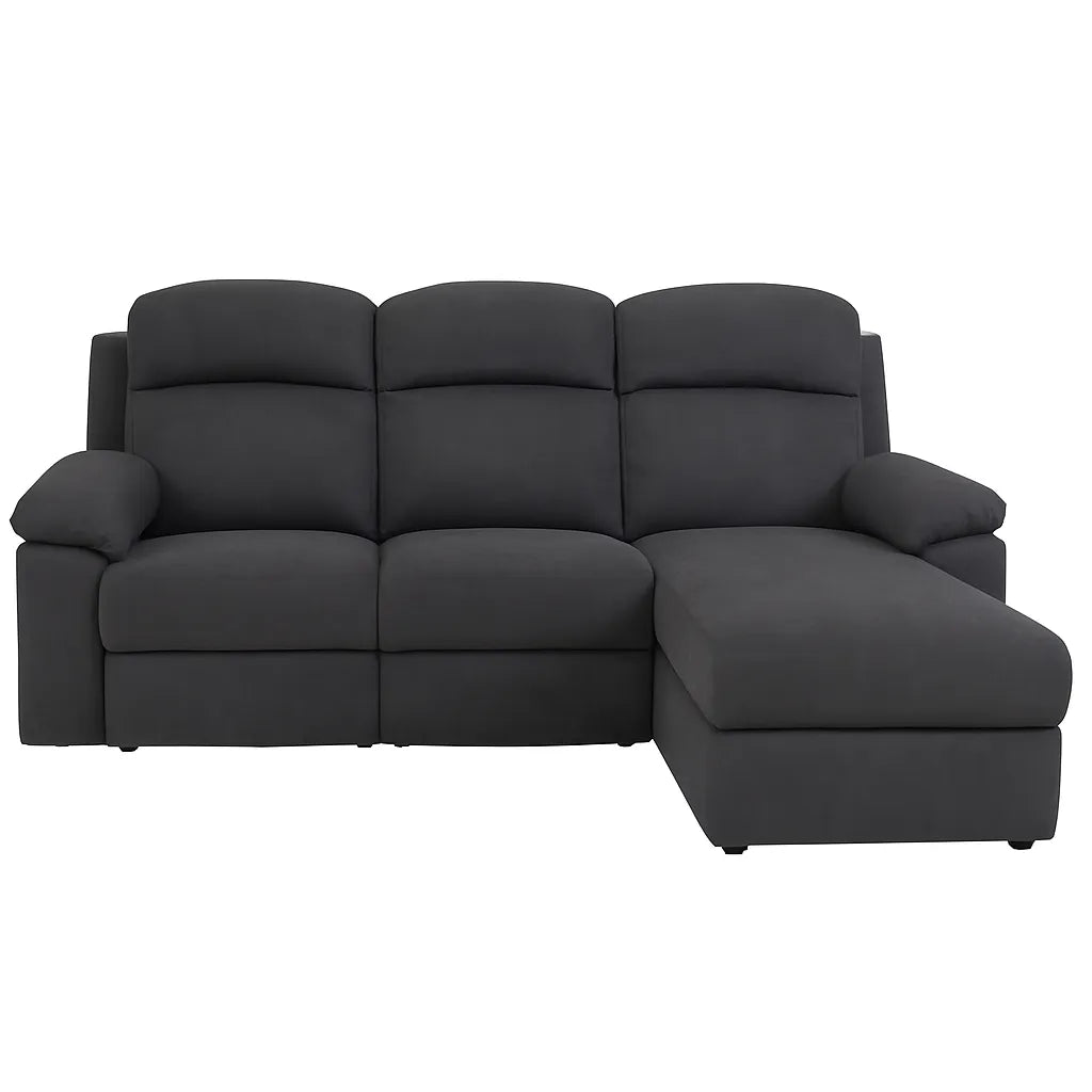 Divano Ulisse 3 posti con chaise longue sinistra, reclinabile, con vano contenitore, disponibile in grigio o beige