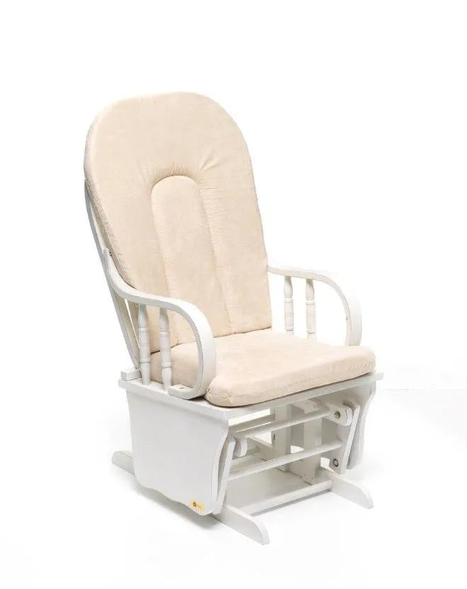 Poltrona dondolo Douglas in legno avorio con cuscino imbottito beige