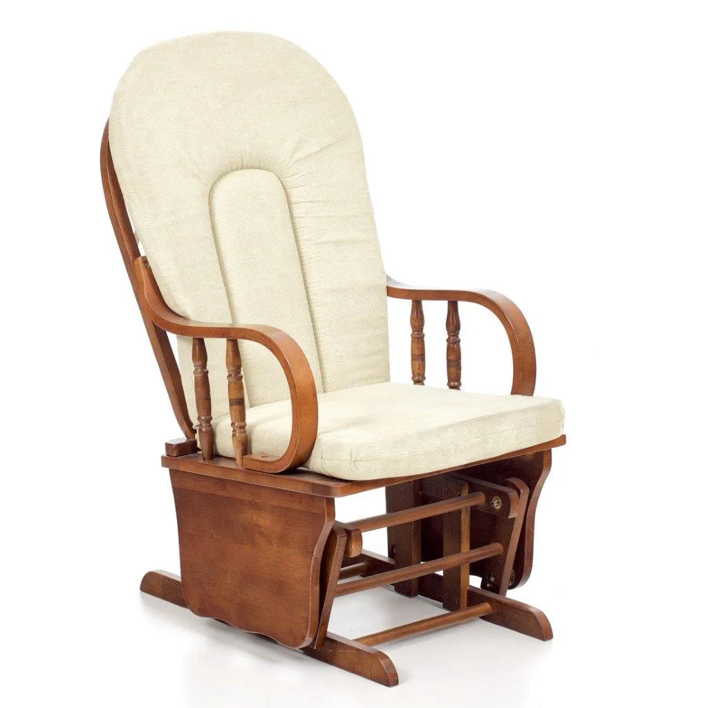 Poltrona dondolo Douglas in legno massello noce con cuscino imbottito beige