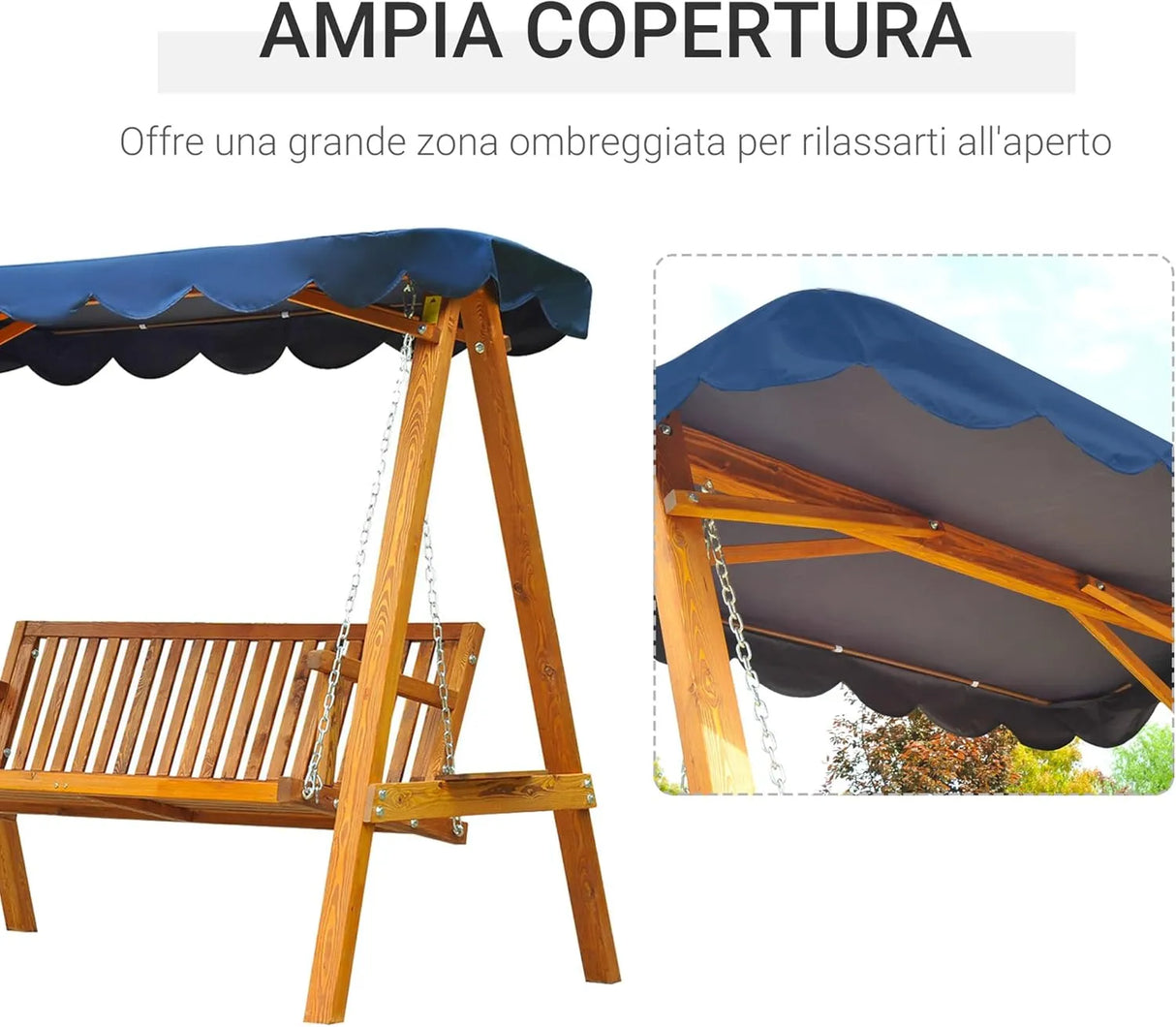 Dondolo da giardino Sunny a 3 posti in legno di pino con tettuccio blu regolabile. Stile classico, struttura robusta e comfort per spazi esterni.