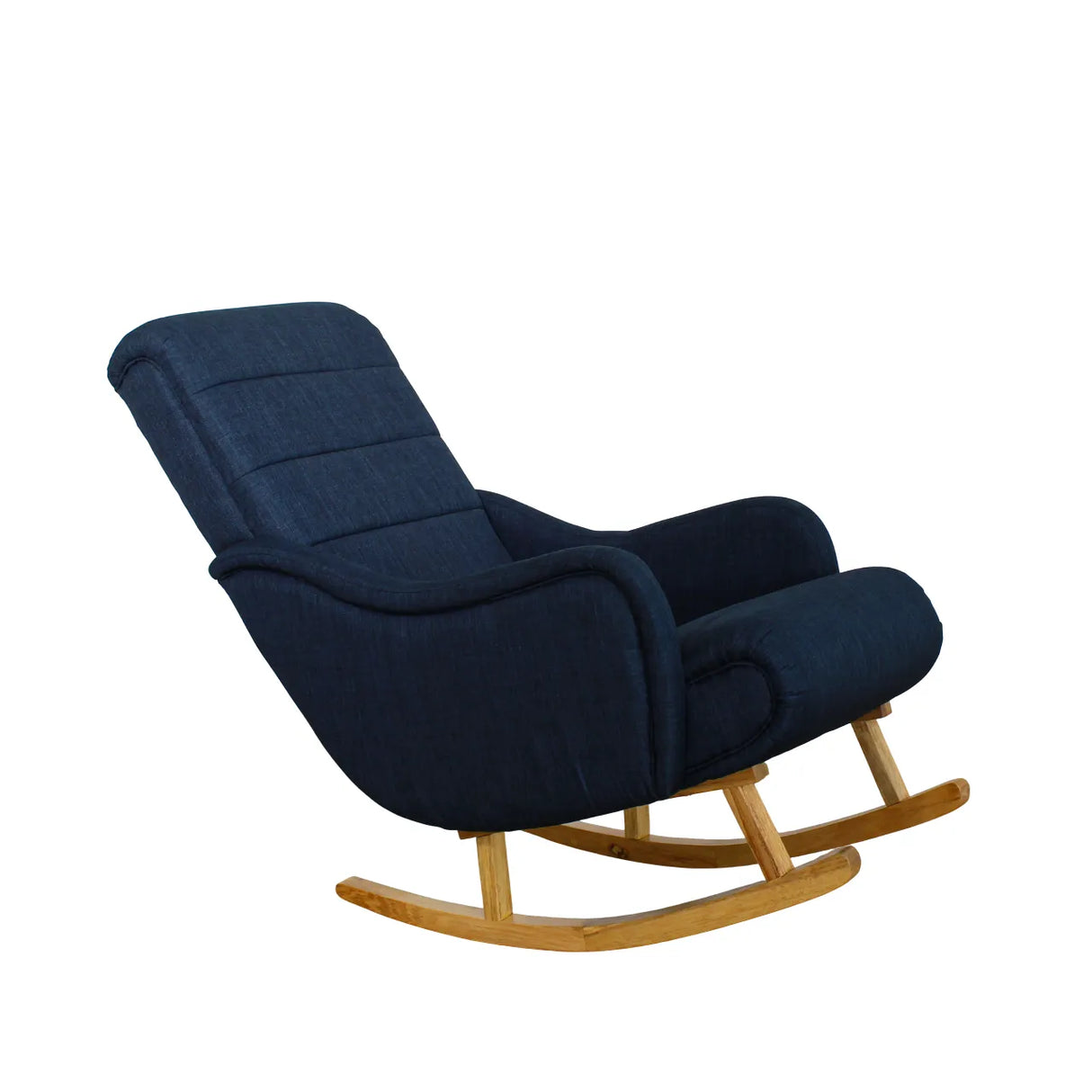 Dondolo Giulietta in legno con schienale ergonomico e rivestimento in cotone. Design classico per interni eleganti e spazi relax coperti.