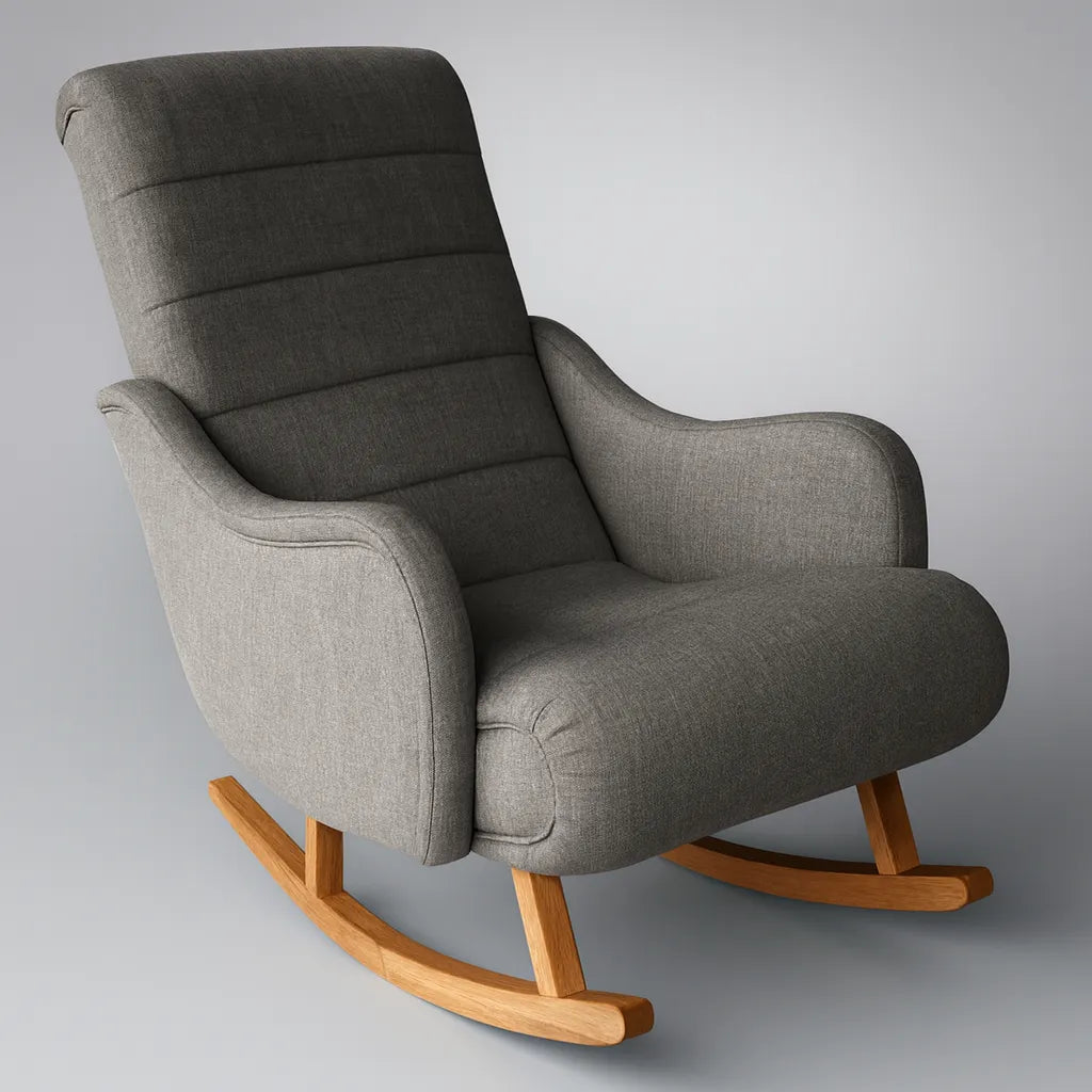 Dondolo Giulietta in legno con schienale ergonomico e rivestimento in cotone. Design classico per interni eleganti e spazi relax coperti.