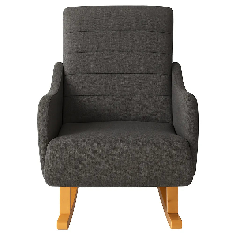 Dondolo Giulietta in legno con schienale ergonomico e rivestimento in cotone. Design classico per interni eleganti e spazi relax coperti.