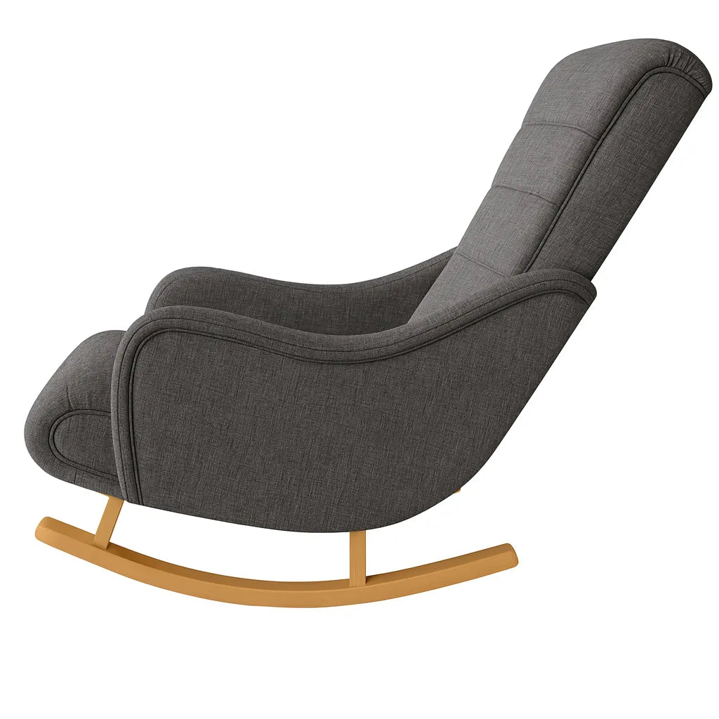 Dondolo Giulietta in legno con schienale ergonomico e rivestimento in cotone. Design classico per interni eleganti e spazi relax coperti.