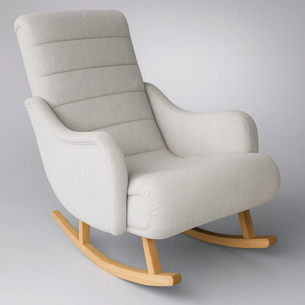 Dondolo Giulietta in legno con schienale ergonomico e rivestimento in cotone. Design classico per interni eleganti e spazi relax coperti.