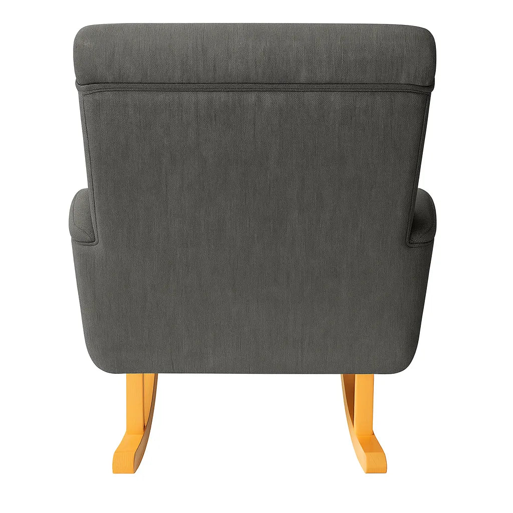 Dondolo Giulietta in legno con schienale ergonomico e rivestimento in cotone. Design classico per interni eleganti e spazi relax coperti.