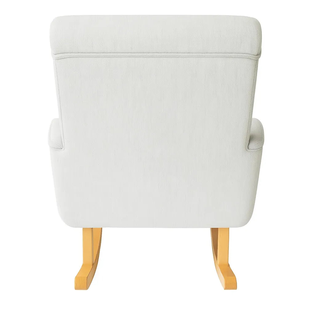 Dondolo Giulietta in legno con schienale ergonomico e rivestimento in cotone. Design classico per interni eleganti e spazi relax coperti.