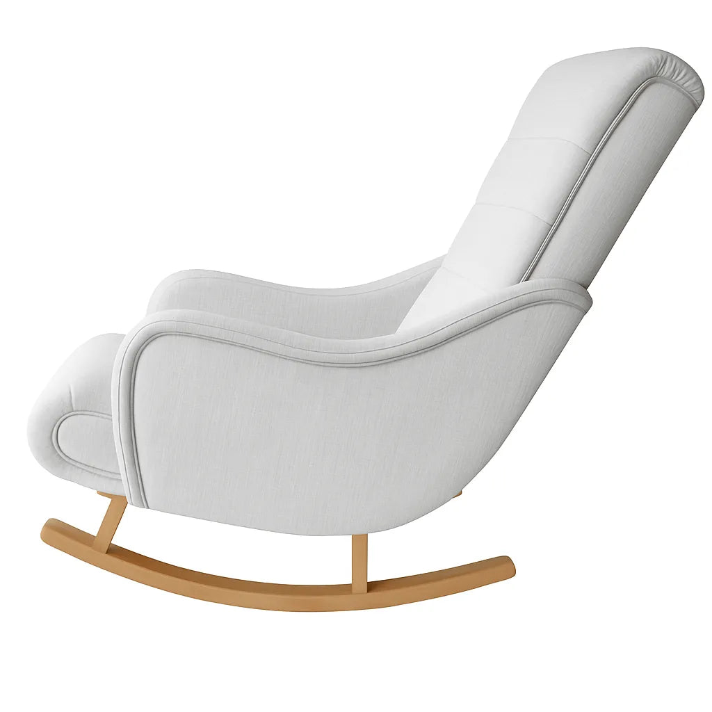 Dondolo Giulietta in legno con schienale ergonomico e rivestimento in cotone. Design classico per interni eleganti e spazi relax coperti.