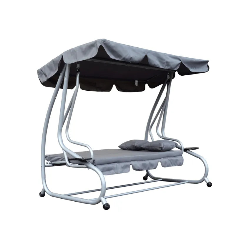 Dondolo letto da esterno con cuscini e struttura in acciaio, rivestimento impermeabile
