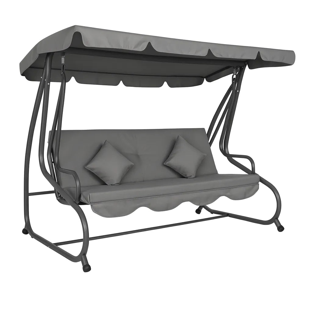 Dondolo letto da esterno con cuscini e struttura in acciaio, rivestimento impermeabile