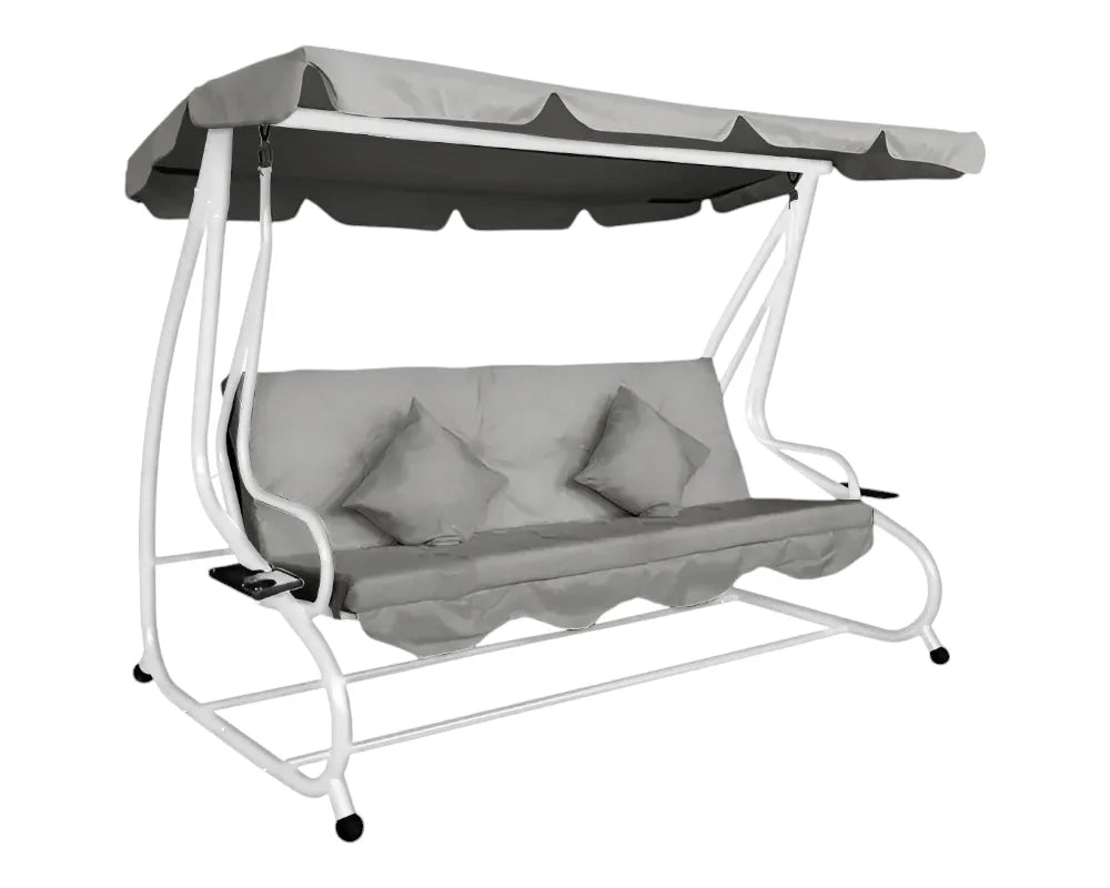 Dondolo letto da esterno con cuscini e struttura in acciaio, rivestimento impermeabile