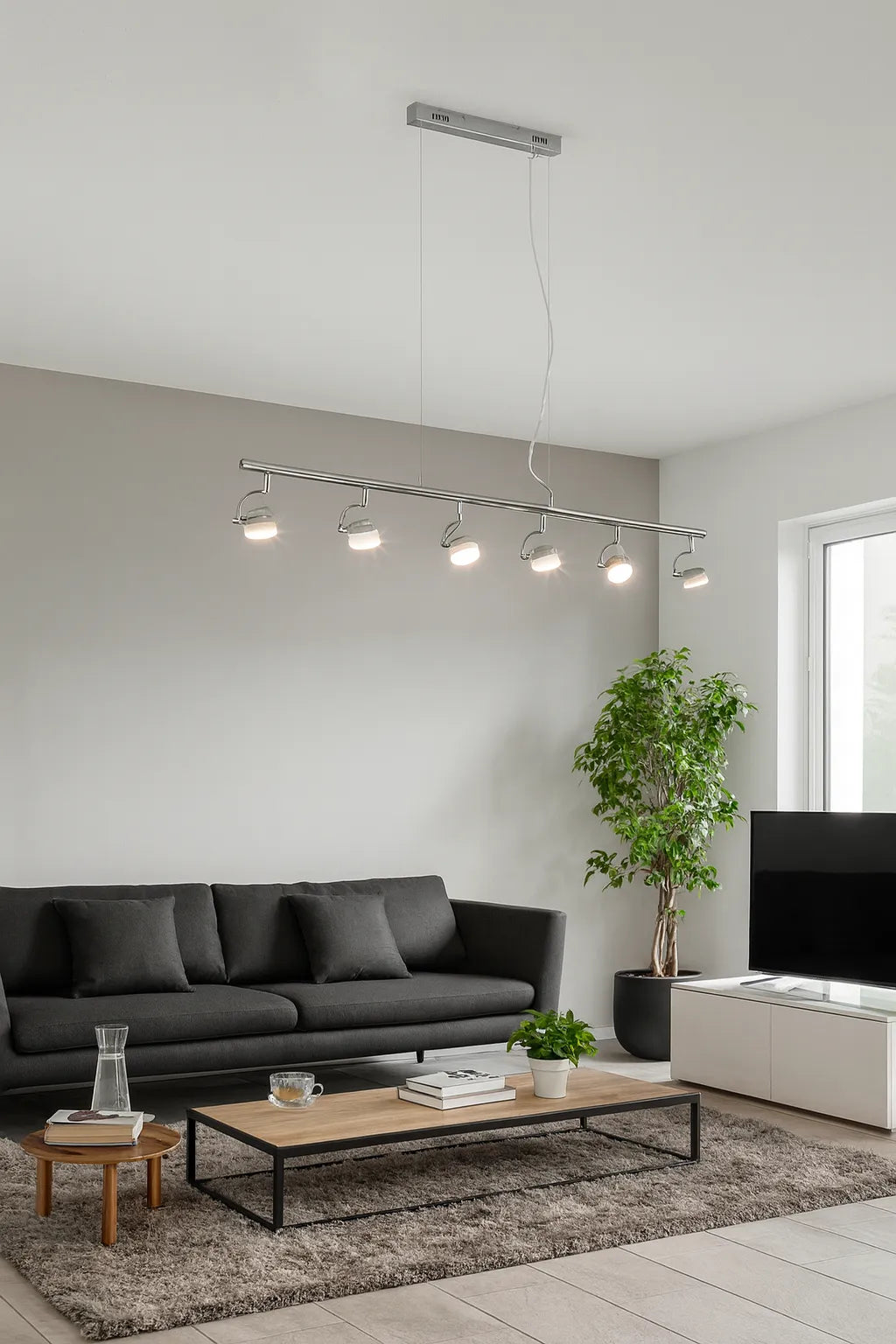 Lampadario a sospensione Orkestra con 6 LED orientabili in vetro opale e finitura cromo.