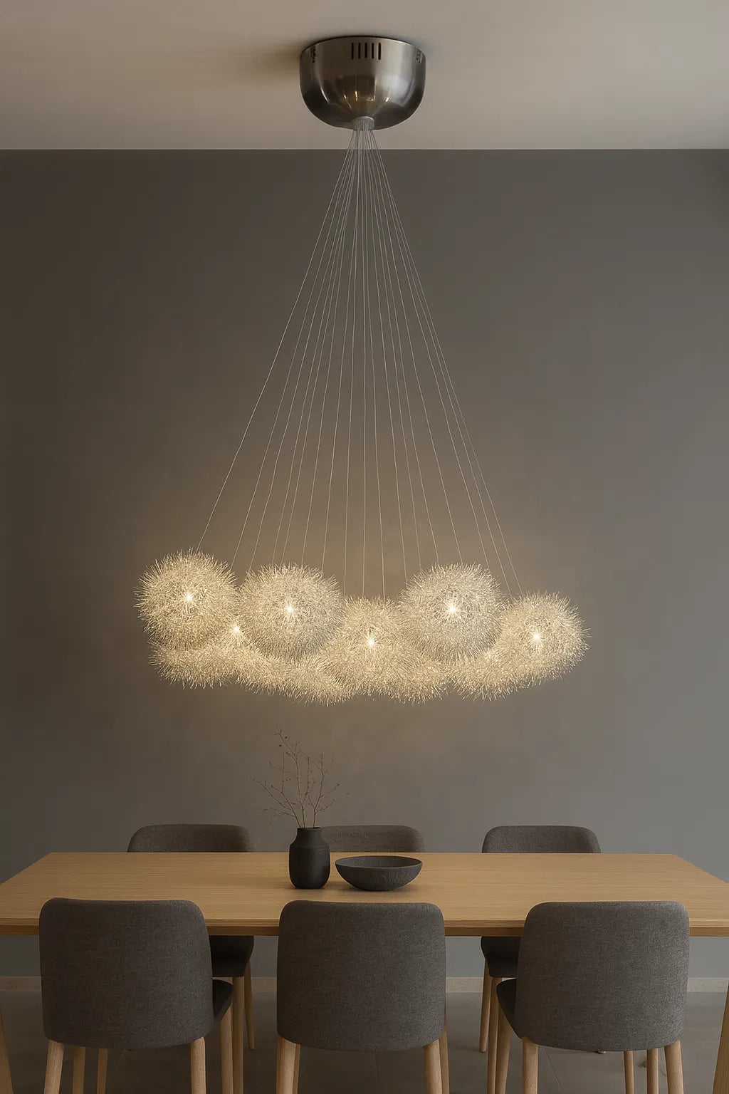 Lampadario Pompon in cromo con sfere in filo di alluminio intrecciato