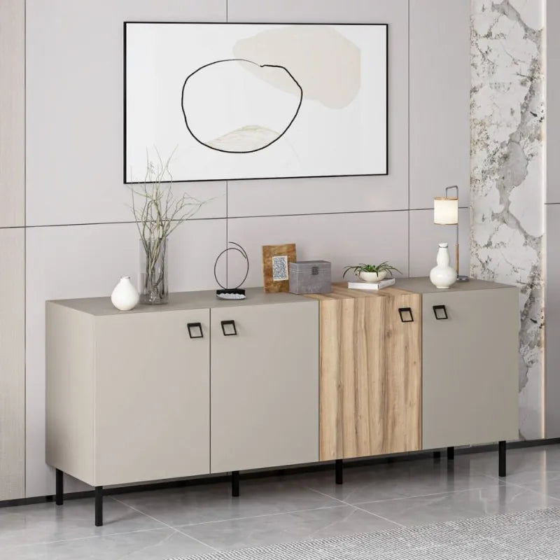 Madia moderna 4 ante color cashmere e rovere con piedini e maniglie nere