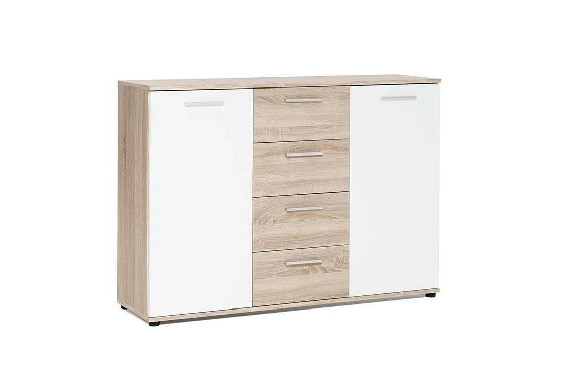 Madia Jacky con 2 ante e 3 cassetti in rovere sonoma e bianco. Mobile moderno e funzionale per soggiorno, ingresso o sala da pranzo.